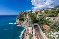 The view of the station and stairway by drone, Corniglia, Italy